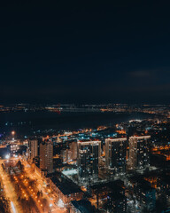 Obraz premium Night aerial view of the city of Dnipro, Ukraine. Left side of the city. Central part of the city.