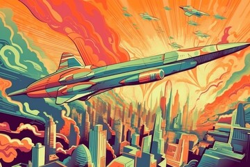 retro psychedelic poster of sky-high city with high-flying jet planes visible, created with generative ai