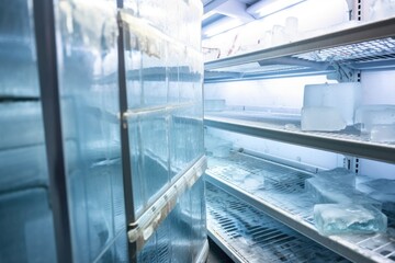 close-up of walk-in freezer, with ice and frost visible on the shelves, created with generative ai
