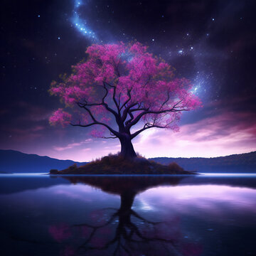 Lonely purple tree in the middle of the lake. Concept of meditation place. Night Scenery. Created with generative AI.
