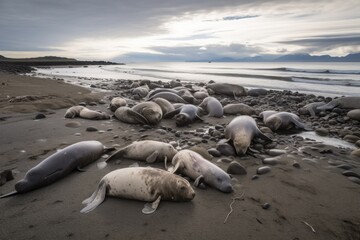 Fototapeta premium pile of dead marine mammals on shore, their bodies washed up by tide, created with generative ai