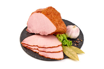 Cold smoked meat with slices, isolated on white background.