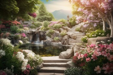 Fototapeta premium illustration, beautiful garden with flowers, petals and water, ai generative