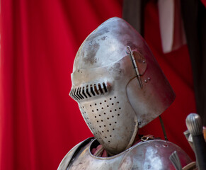 Mediaeval knight armour. Medieval armor steel suit. Heavy iron metal armoring protection for...