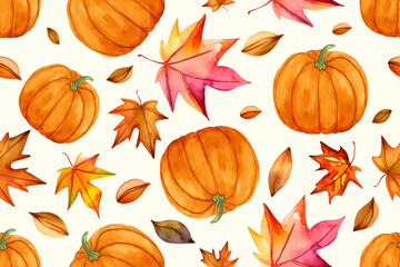 Vector autumn seamless pattern with orange autumn leaves and orange and watercolor pumpkins.