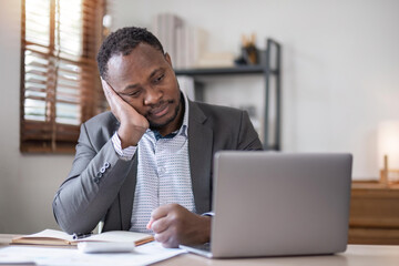 Fototapeta na wymiar Headache, stress and businessman on laptop in his office with accounting management, finance planning . Burnout, sad and depression of a corporate black man with pain or problem