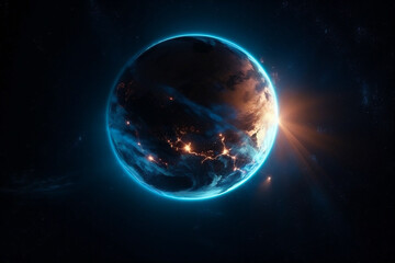 Fototapeta na wymiar Blue planet, Earth in cosmic space. Galaxy, cosmos, space background. Generative AI.
