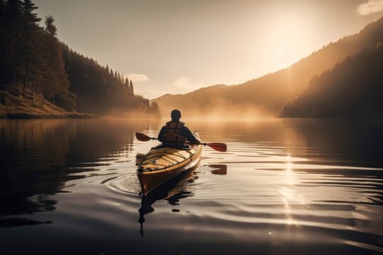 kayaker exploring the serene and peaceful waters of a lake, created with generative ai