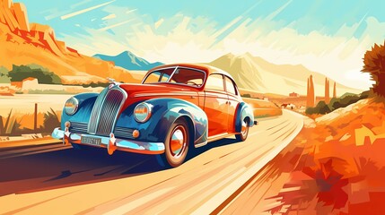 Obraz na płótnie Canvas Vintage car on a road trip travel. Generative AI