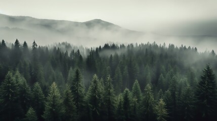 Pine forest with foggy illustration for background template. Ai generative