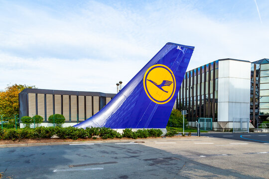 ead-tail of lufthansa aircraft as symbol for the airline at the headquarter entrance in Frankfurt, Germany