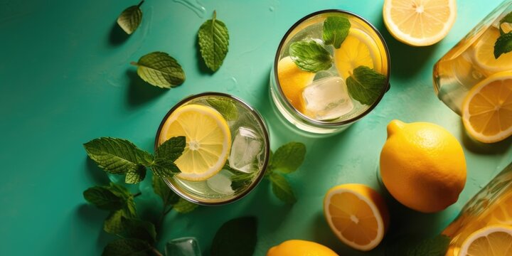 Glasses with lemon lemonade and ice on a green background, top view. Lemons and mint leaves on a green table. Generative AI