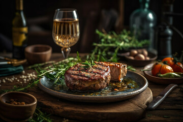 Grilled Meat With Herbs Served With Glass of Beer. AI generated. - 606396426