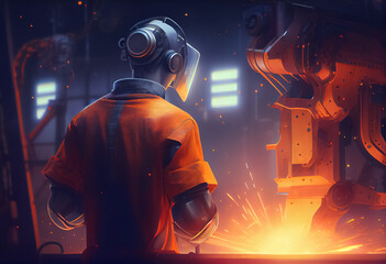 illustration of locksmith in special clothes and hardhat works in production. ai - obrazy, fototapety, plakaty