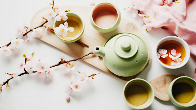 Traditional Asian tea ceremony arrangement. Ceramic teapot and cups with green tea with blooming sakura branches on white table background, selective focus. Flat lay. Generative ai