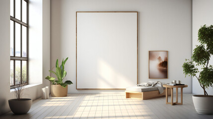 Fototapeta na wymiar Modern Interior Design with Blank Mockup Frame Poster, 3D Render, 3D Illustration