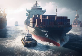 Photo sur Aluminium Rotterdam illustration of loaded container cargo vessel traveling over calm ocean. ai