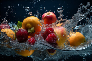 Fototapeta na wymiar Splashing fruit on water, Fresh Fruit and Vegetables being shot as they submerged under water, Illustration of Washing food before being process further into a healthy and natural food