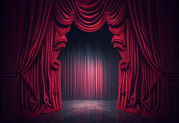 illustration of red silk curtains elegant drapes on stage open a show. ai