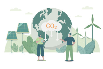 People cares about ecology and environment, using clean energy, warning about CO2 emission, sustainable environmental management. Climate change problem concept.
Vector design illustration.