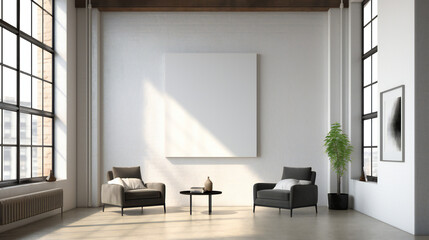 Modern Interior Design with Blank Mockup Frame Poster, 3D Render, 3D Illustration