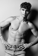 Fototapeta premium man body male person naked muscular bicep studio beauty strong black and white shirtless muscle