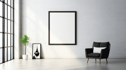 Modern Interior Design with Blank Mockup Frame Poster, 3D Render, 3D Illustration