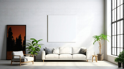 Fototapeta na wymiar Modern Interior Design with Blank Mockup Frame Poster, 3D Render, 3D Illustration