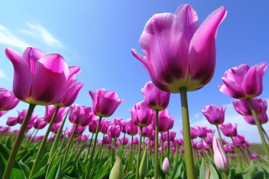 a photo of beautiful purple tulips against a blue sky, created with generative ai