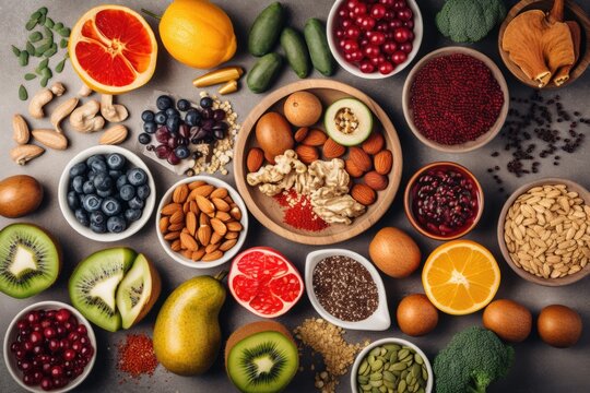 a colorful and healthful array of immunity-boosting foods, including fruits, vegetables, nuts & seeds, created with generative ai