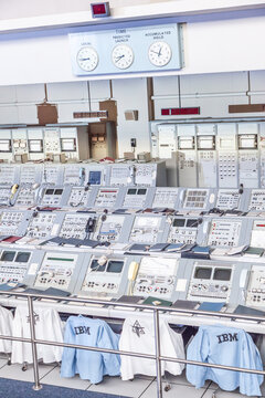 Apollo 1960s mission control equipment on display in Kennedy Space Center, USA