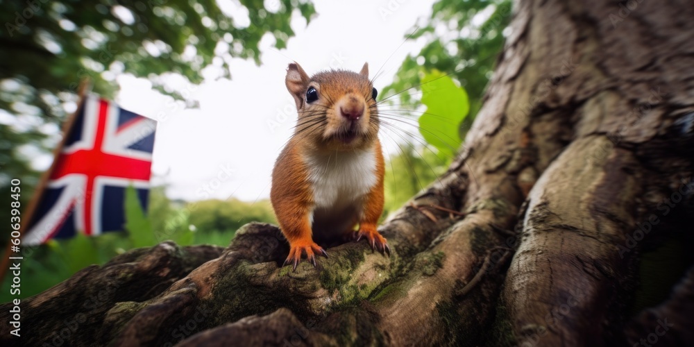 Poster a squirrel sitting on top of a tree trunk. generative ai image.