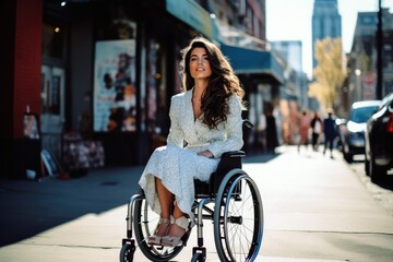 Obraz na płótnie Canvas Disabled woman confidently using a wheelchair in a city setting. Generative ai.