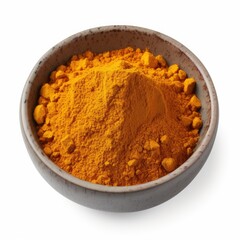 Curry powder in a bowl isolated on a white background, top view. Generative AI