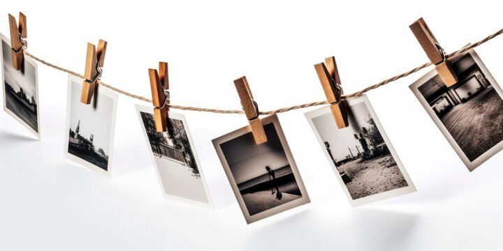 Photos attached with a clothespin on a rope on a white background. Side view. Generative AI