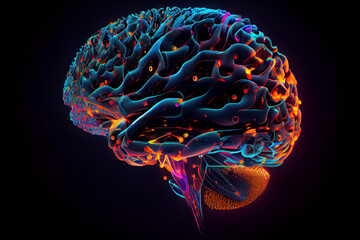 illustration of human brain with neon connection pulse on black background. AI