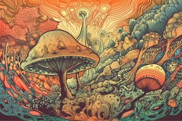 retro poster depicting psychedelic or fantastical world with surreal imagery and dreamlike quality, created with generative ai