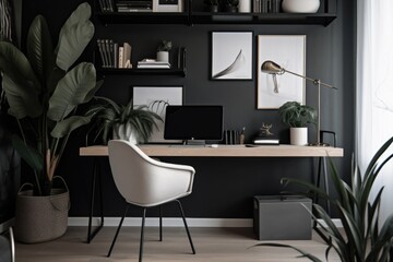 modern home office with sleek desk, minimalist decor, and plant for added greenery, created with generative ai