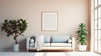 Modern Interior Design with Blank Mockup Frame Poster, 3D Render, 3D Illustration