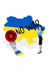 Placard template advert collage of activist campaign society young female shout bullhorn...