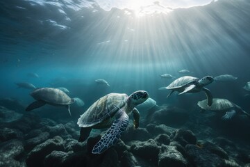 school of sea turtles swimming in school together, making their way through the ocean, created with generative ai