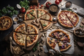 pizza party with a variety of pizzas, each topped different ingredients, created with generative ai