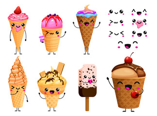 Vector cartoon icecream characters, cute and funny faces, isolated on white background