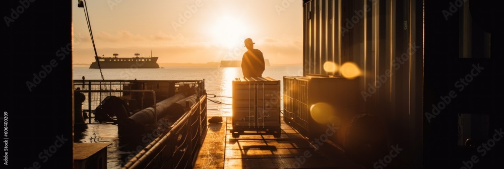 Aufkleber a man standing on a dock next to a boat. generative ai image.