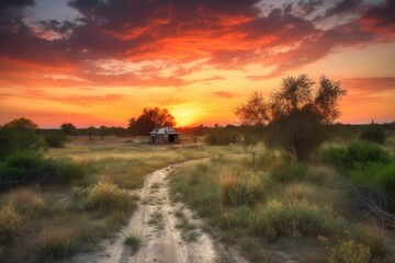 rural landscape with sunset, featuring dramatic skies and colorful clouds, created with generative ai