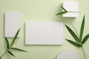 Abstract background for branding and minimal presentation with bamboo leaves. White geometric podiums decorated on light green background. Space for design. Top view