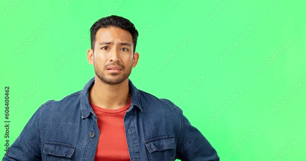 Aufkleber confused, doubt and man portrait with green screen with think, emoji and uncertainty face expression