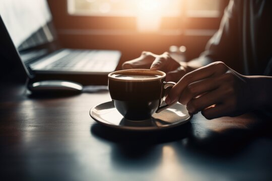 person, working from home, enjoying morning cup of coffee, created with generative ai