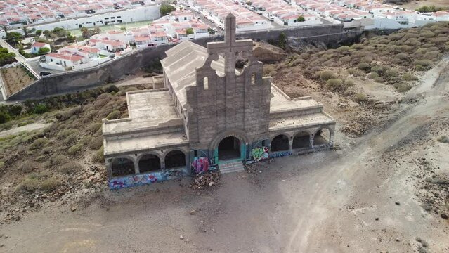 Aerial of an abandoned leper colony, sanatorium and army base in Abades, Tenerife in Spain