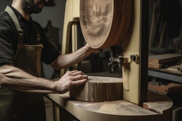 woodworker using a bandsaw to cut piece of wood, created with generative ai